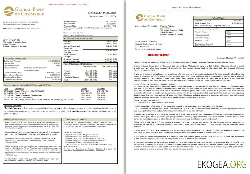 Relevé hypothécaire bancaire d'Antigua , et , Barbuda Global Bank of Commerce, 3 pages, 1, 2 scr